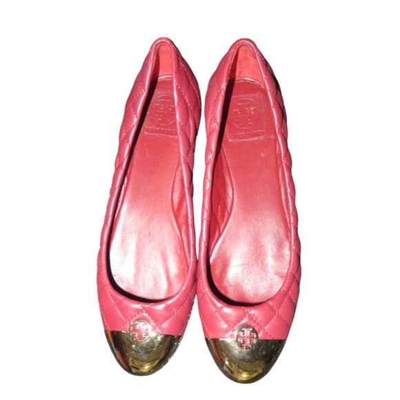 Tory Burch Kaitlin Sangria Red Quilted Leather Ballet Flats Gold Cap Toes size 9 - Picture 2 of 10